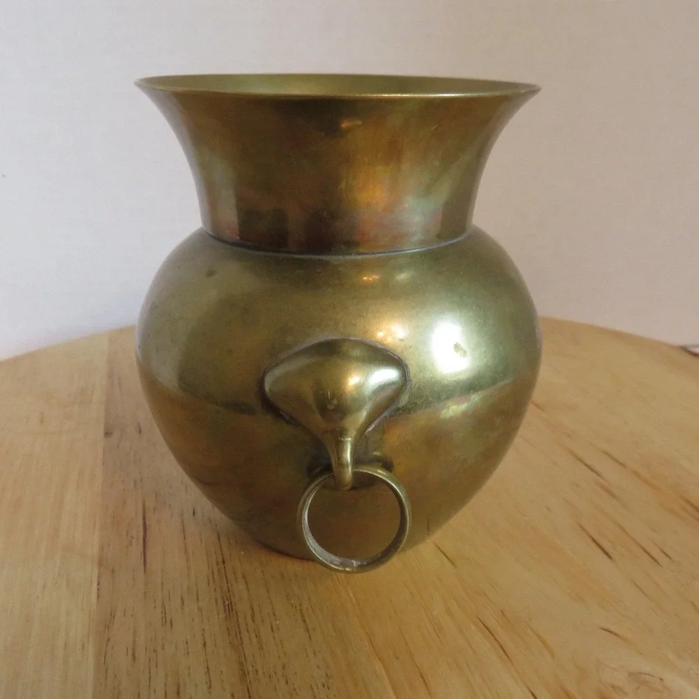 Vintage Solid Brass Vase Planter Elephant‎ Head Ring Handles Aged Patina 4.75in